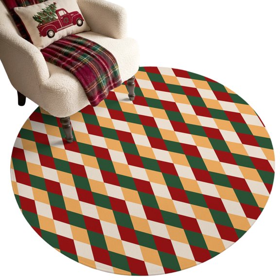 Festive Christmas Argyle Diamond Washable Round Area Rug 3 ft, Red Green Rhombus Plaid Soft Non‑Slip Rugs Stain Repellent Indoor Mats for Entryway, Bathroom, Bedside, Hallway Nook