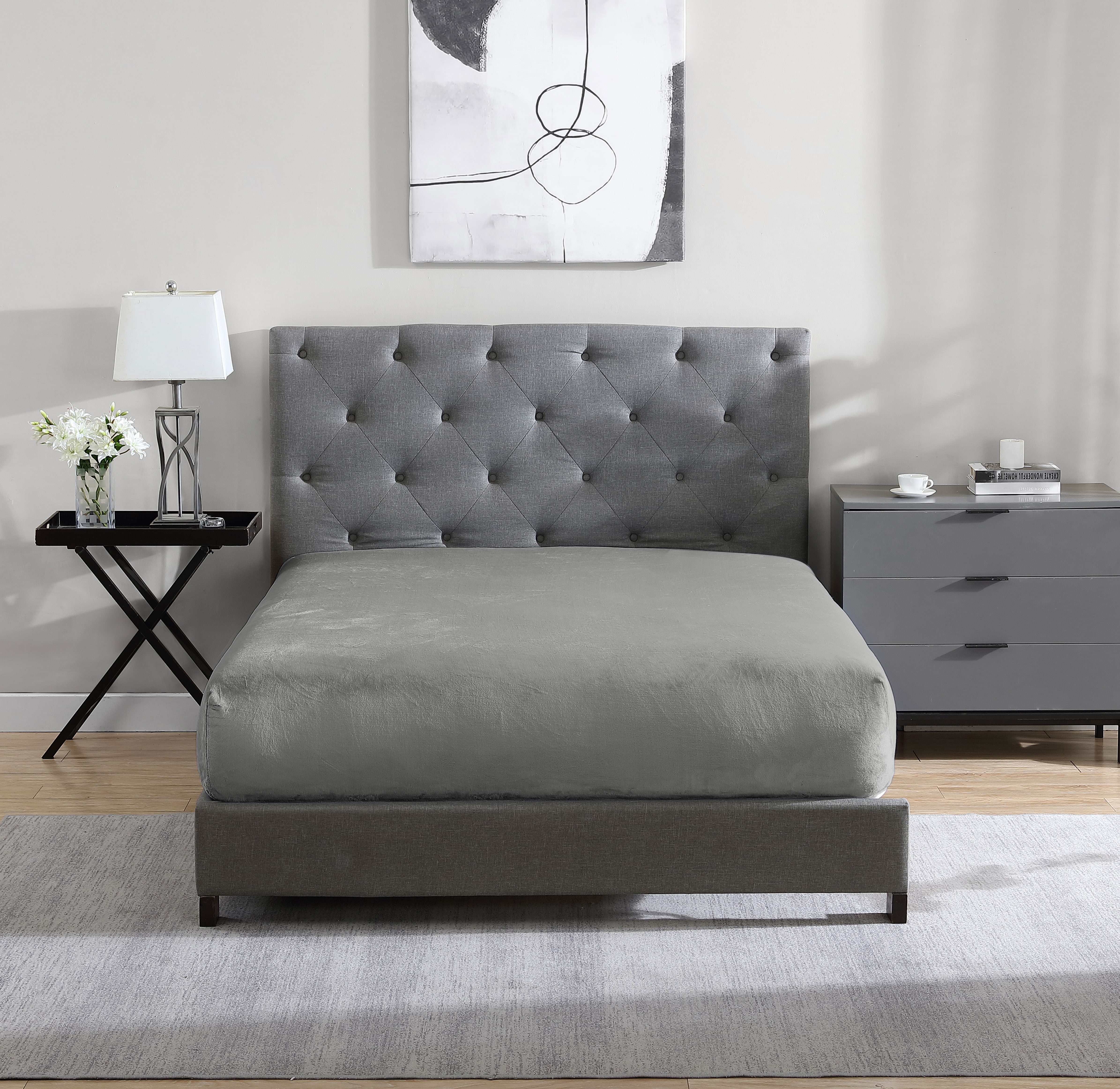 Swift Home Luxury 1 Piece Flannel Plush Fur Fitted Sheet, Ultra-Soft, Deep Pocket Fit, All Season Warmth, King Size, Gray