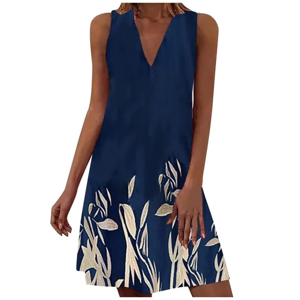 Mini vestido sin mangas con estampado de cuello en V informal de verano para mujer a la moda Fridja hj4000