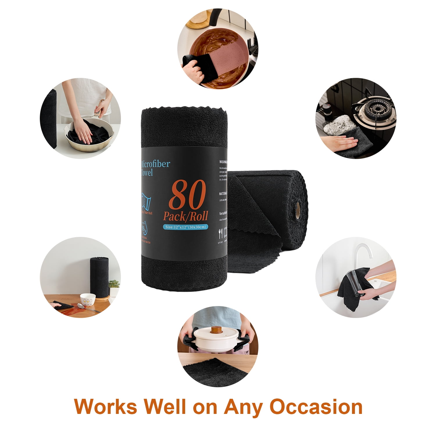 Beartech 80 Pack Microfiber Kitchen Towels Cleaning Cloth Roll,Lint Free Rags & Tear Away Reusable Towels,Washable Shop Rags,Ultra Absorbent Dish Rags for Car Kitchen Window Garage-Black