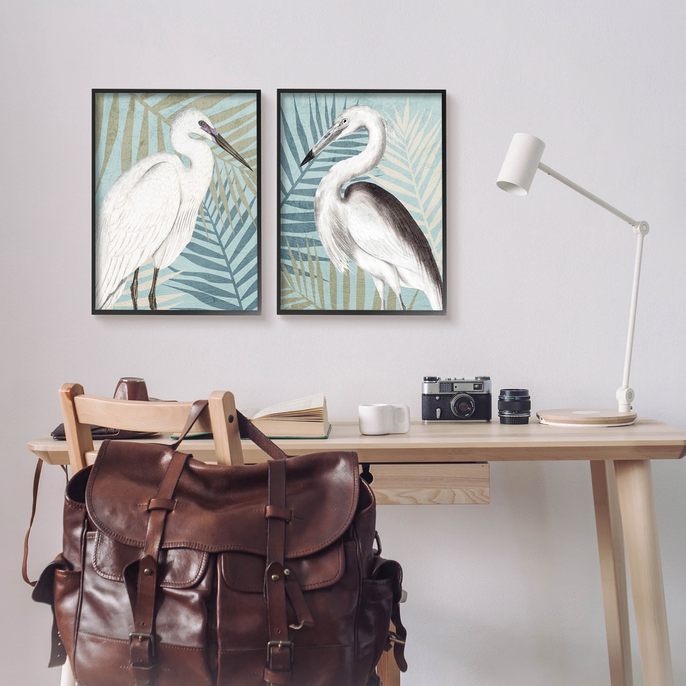 Heron Birds Layered Plant Leaves Animals & Insects Graphic Art Black Framed Art Print Wall Art, Set of 2