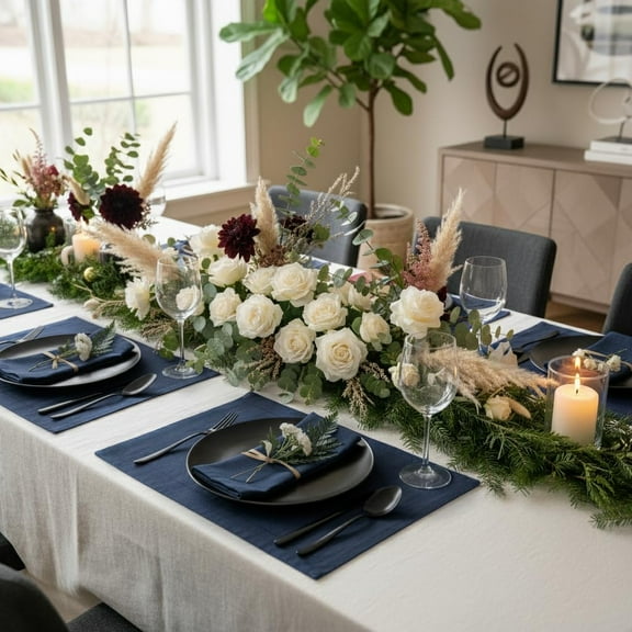 YUYAN-Linen Navy Blue Placemats Set of 4-100% Pure Linen Placemats 14 x 19 Inch for Fall, Thanksgiving, Holiday - Handcrafted and Machine Washable
