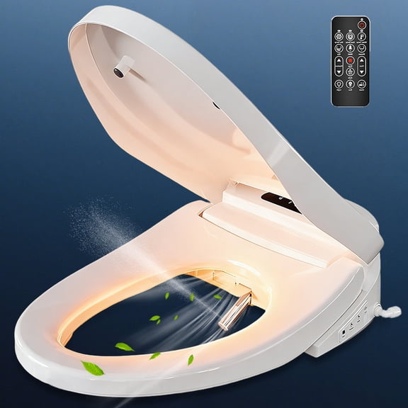 48cm Smart Electric Toilet Seat, featuring remote control heating, warm air drying, soft-close lid, night light display, self-cleaning stainless steel nozzle, and adjustable water pressure.