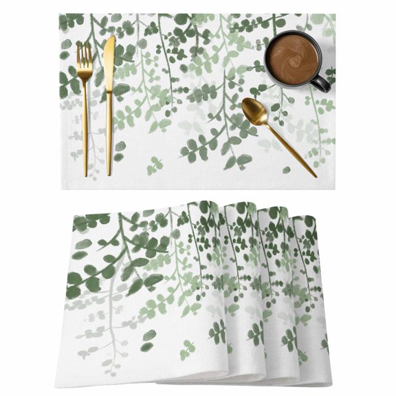 Sage Green Leaves Placemats Set of 12, Summer Botanical Placemats for Dining Table, Place Mats for Kitchen Tabletop, Waterproof Wipeable Dining Table Mats Set