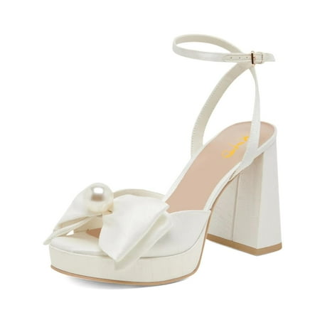 XYD Women Bowknot Platform Sandals with Pearl Open Toe Bridal Block High Heels Ankle Strap Wedding Prom Satin Shoes Size 10.5 White