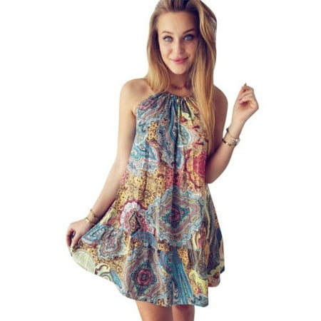 Boho Women Floral Dress Strappy Cocktail Party Summer Beach Sundress Casual Loose Slim