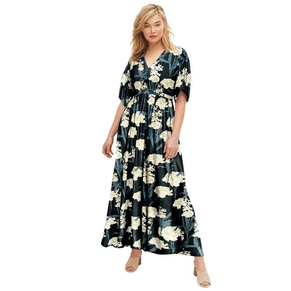 ellos Women's Plus Size Knit Tie-Back Maxi Dress - 22/24, Black Ivory Floral