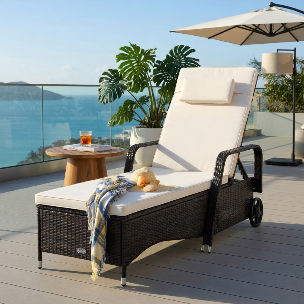 Hommoo Adjustable Outdoor Reclining Chaise Lounge Chair with Cushioned Seat, PE Rattan & Steel Frame, for Pool, Patio, Garden & Balcony, White