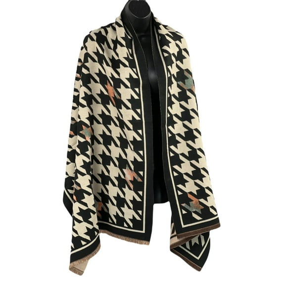 Chic Houndstooth Scarf with Jacquard Detail – Classic Black  White with Solid Border