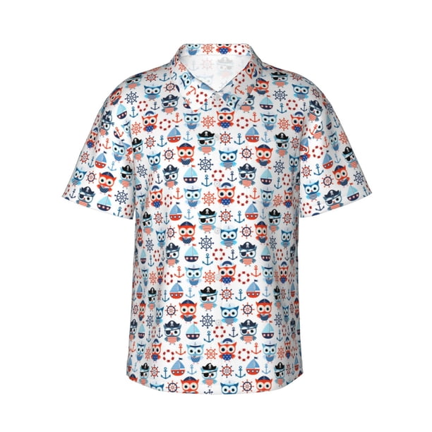 Balery Nautical And Pirate Owls Camisas hawaianas de manga corta para hombre, camisas playeras de corte holgado, camisas de vacaciones con botones,Medium