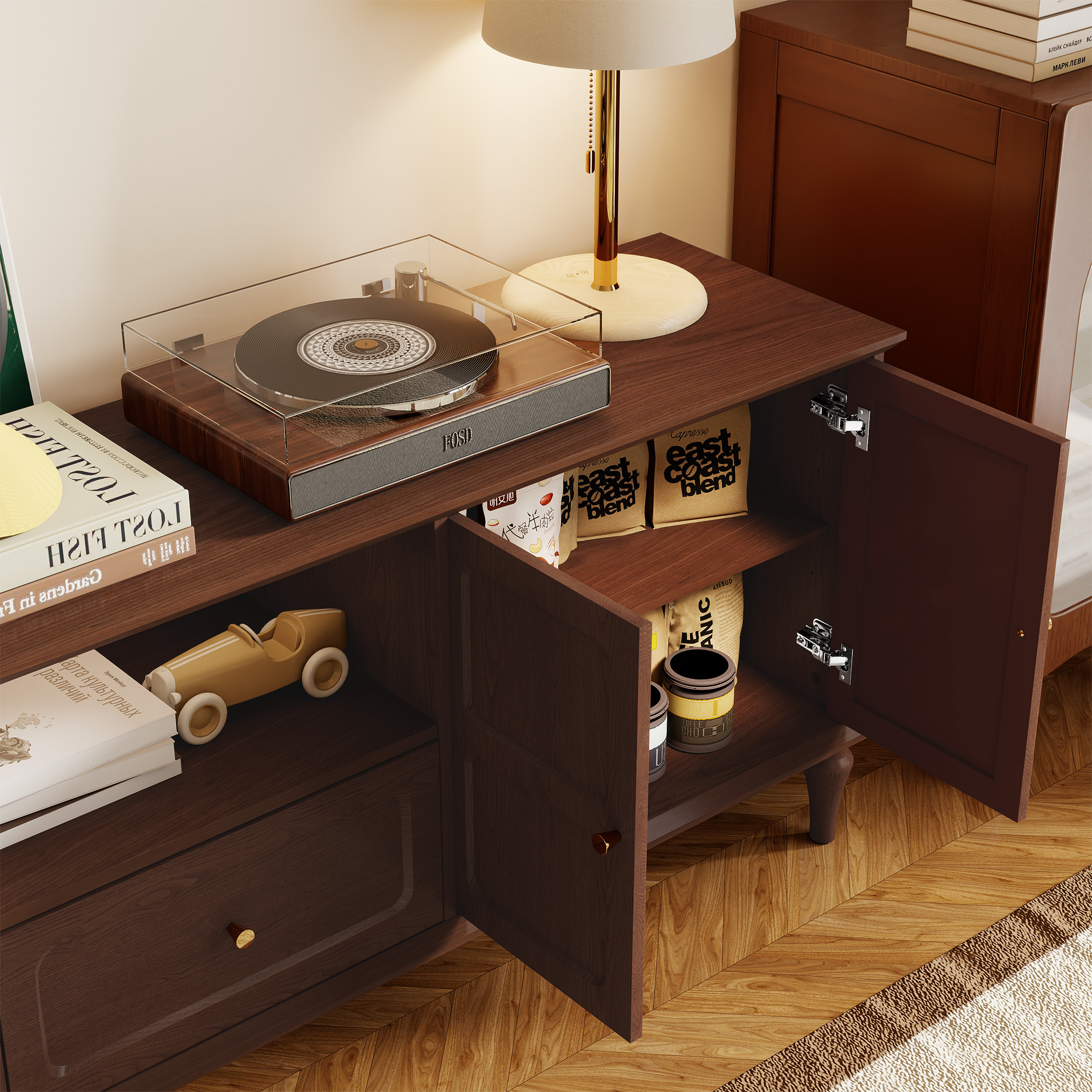 67" Mid-Century TV Stand for TVs up to 75 " , Retro Entertainment Center with Storage Cabinets and Drawers, Brown