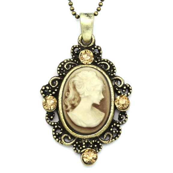 Small Cute Brown Cameo Pendant Necklace Charm Antique Gold Tone e2