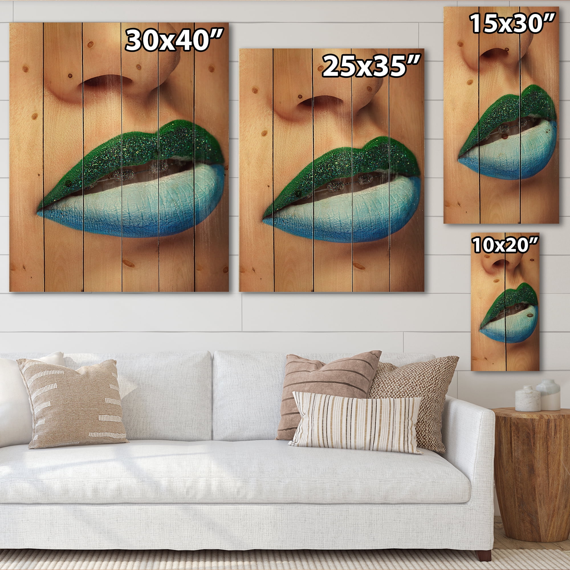 Designart 'Close Up Woman Lips With Fashion Make Up and Brackets' Modern Print on Natural Pine Wood