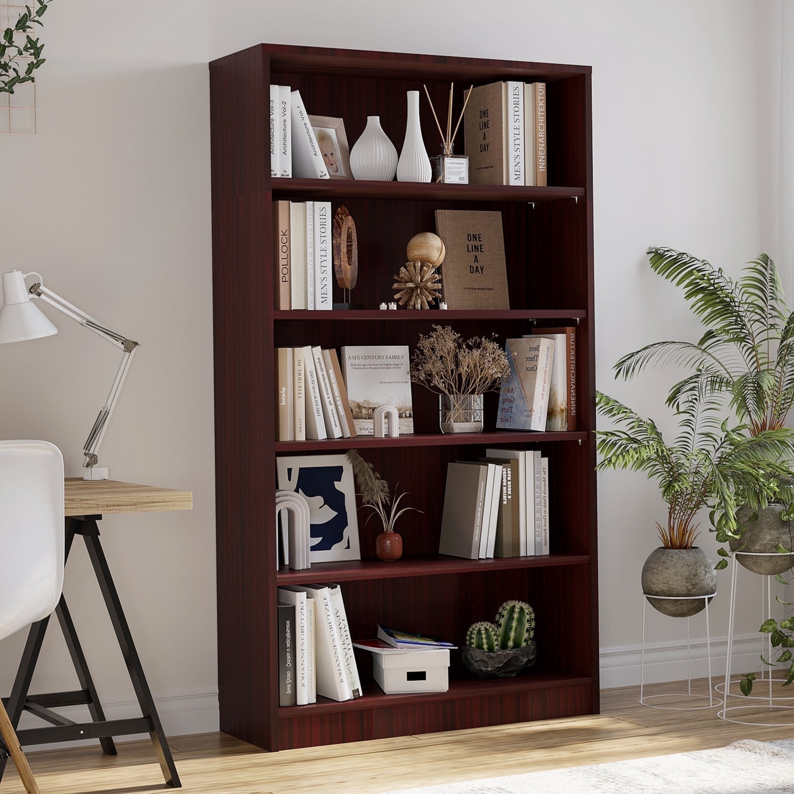 Farini 5 Tiers Bookcase, Wooden Bookcase with Adjustable Shelves for Home, Office, Mahogany