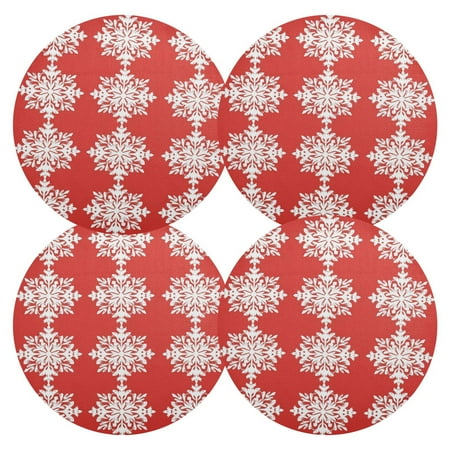 

Red Background Christmas Snowflakes PVC Round Grid Placemat Table Mat Set 4 Pcs for Kitchen Dining Room 15.4 x 15.4