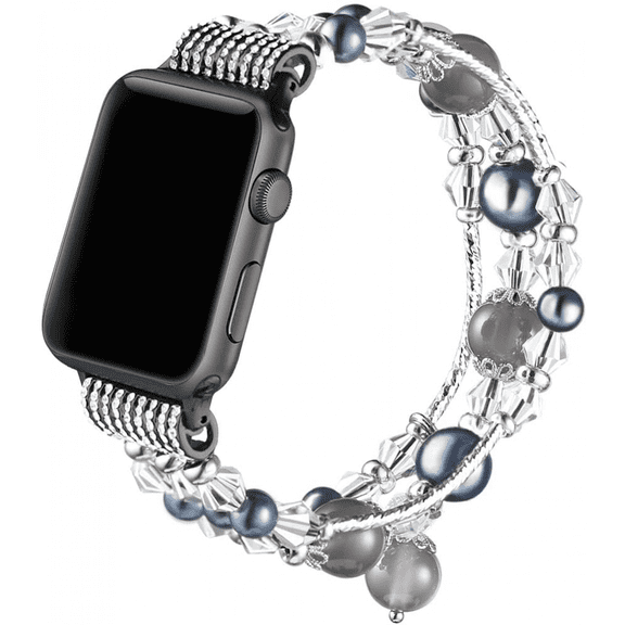 XIHAMA Band Compatible with Apple Watch 42mm 44mm, Women Girl Elastic Handmade Pearl Bracelet Replacement for 42mm Apple Watch Series SE 6 5 4 3 2 1, Grey