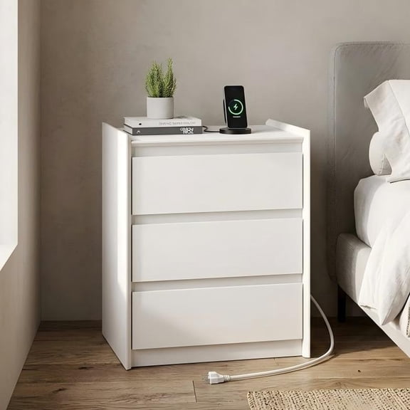 YAURA 24" Tall White Nightstand with Charging Station, 3 Drawer Modern Bedside Table with Tray Top, USB & Type-C Ports and AC Outlets for Bedroom or Living Room