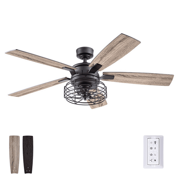 Prominence Home Cypher 52" Black Industrial Ceiling Fan with 5 Blades, Cage Light Kit, Pull Chains & Reverse Airflow