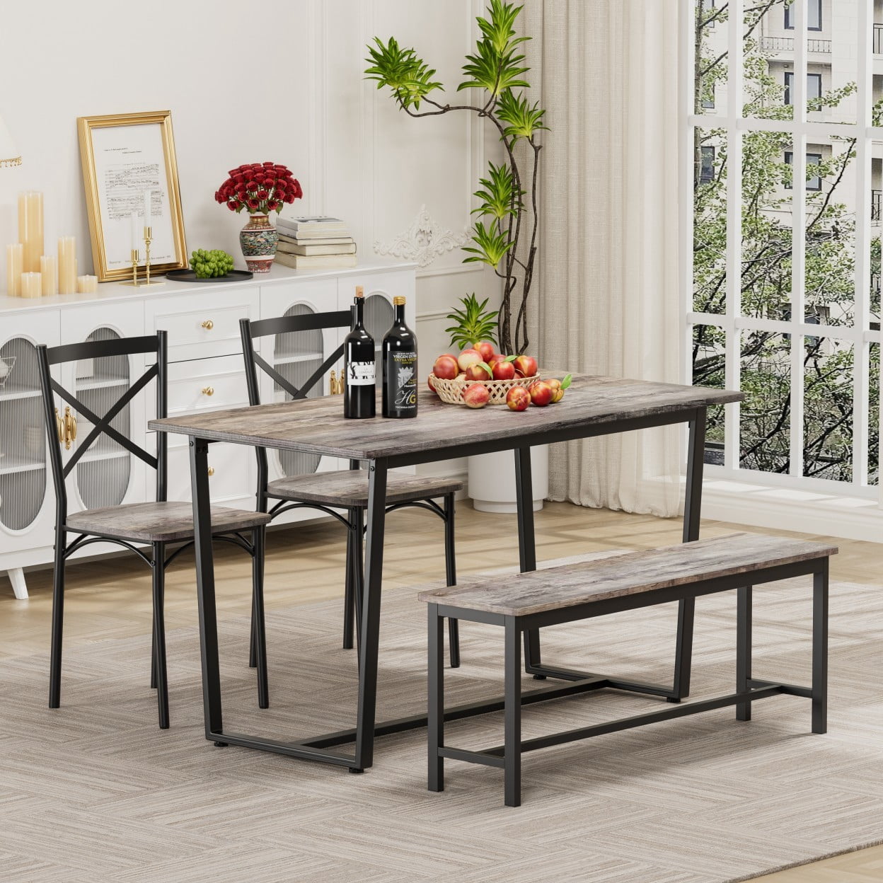 4 Piece Dining Table Set with 4 Chairs, Industrial Kitchen Table Set with Backrest Chairs, Modern Dining Room Furniture for Breakfast Nook, Apartment, Living Room, Gray