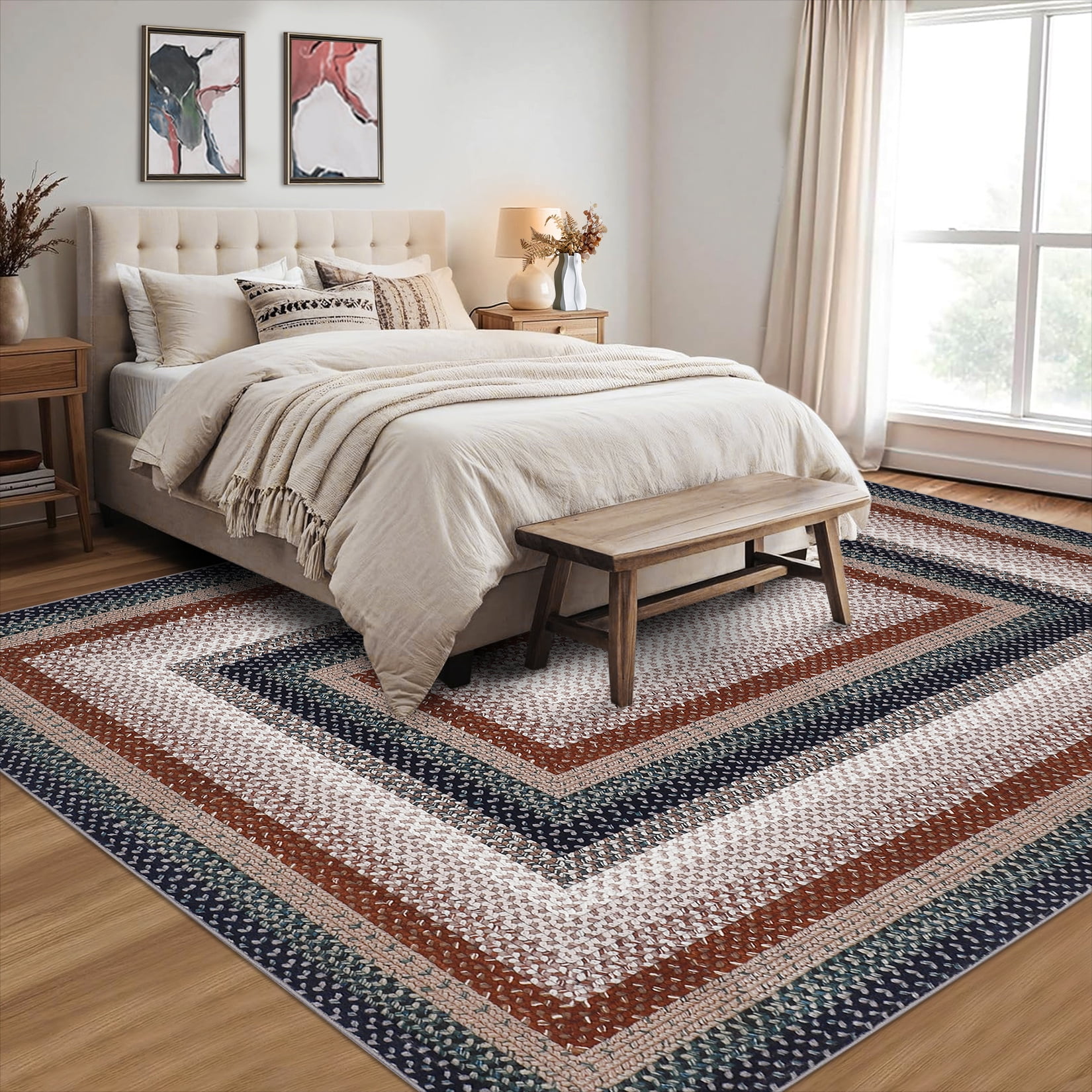 Garvee Modern Washable Braided Print Rugs, 8'x10' Non Slip Farmhouse Floor Carpet Boho Geometric Area Rug for Living Room Bedroom, Blue