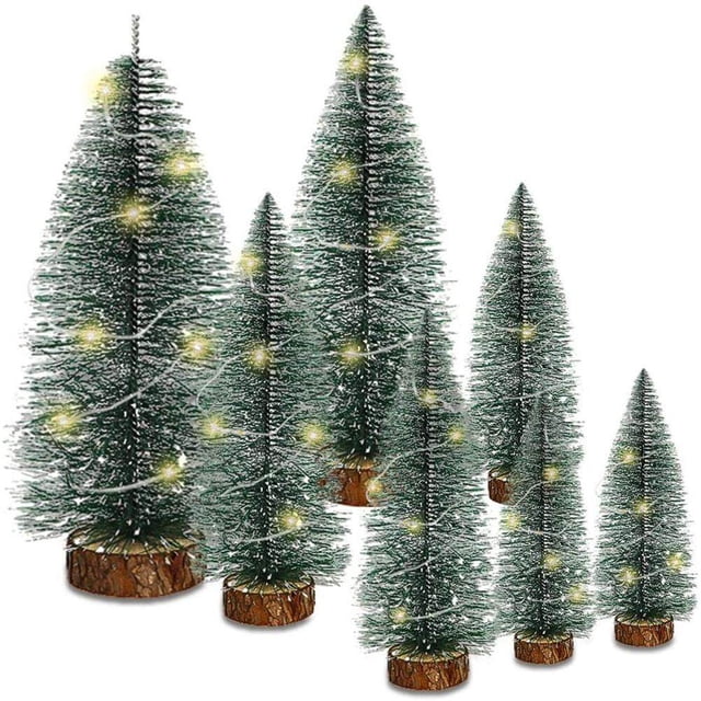 7 adornos navideños, mini árboles de Navidad de sisal, adornos de pino con lámpara y base de madera para fiestas navideñas, decoración del hogar.