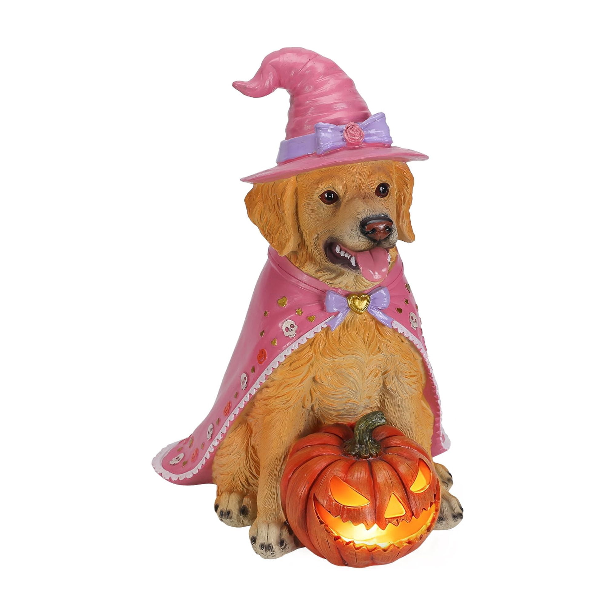 Golden Retriever Witch Halloween Statue, Light-Up Pumpkin, Resin Sculpture, Seasonal Decor