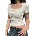 thumbnail image 5 of vera natura Women's Summer Slim Crop Tops White Short Sleeve Square Neck Lace Trim Skinny T-shirt, 5 of 8