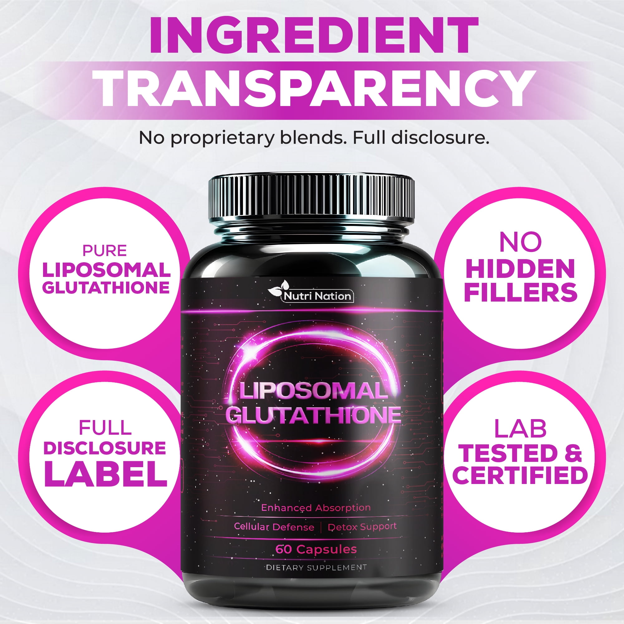 Nutri Nation Liposomal Glutathione Supplement Capsules 500mg, 180 count, Enhanced Absorption, Detox, Immunity, Anti-Aging Support, 3 Bottles