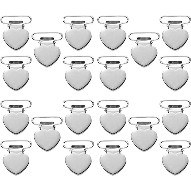 Paquete de 20 clips para hacer soportes para chupetes, clips para baberos, clips para mordedores de bebé, mantas de corazón plateado