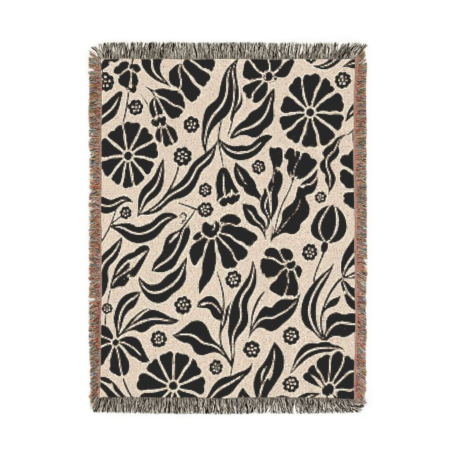 Black and Cream Botanical Floral Woven Throw Blanket 100% Cotton Abstract Nature Style for Living Room Decor