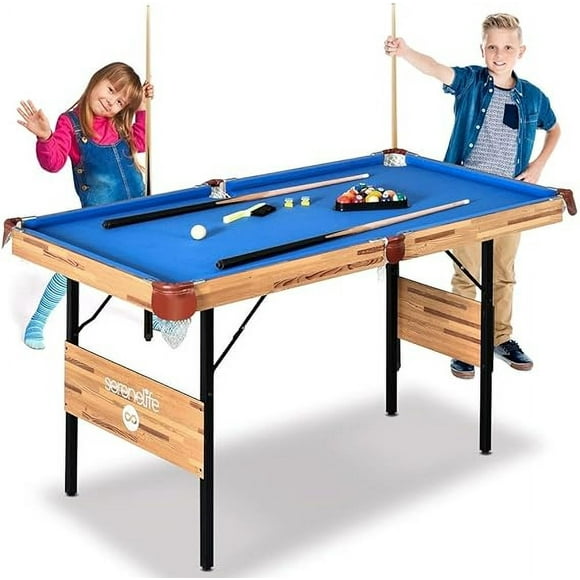 SereneLife 4.5ft Folding Pool Table, 55in Portable Foldable Billiards Game Table for Kids and Adults with Accessories, Indoor and Outdoor Games with Sticks, Cue, Balls and Triangle, Blue