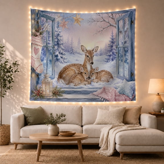 Three Deer in Snowy Forest Through Blue Window Frame, Dreamy Watercolor for Nature Lovers, Tranquil Winter Woodland Art, Christmas Gift, Tapestry Wall Hanging for Bedroom and Living Room