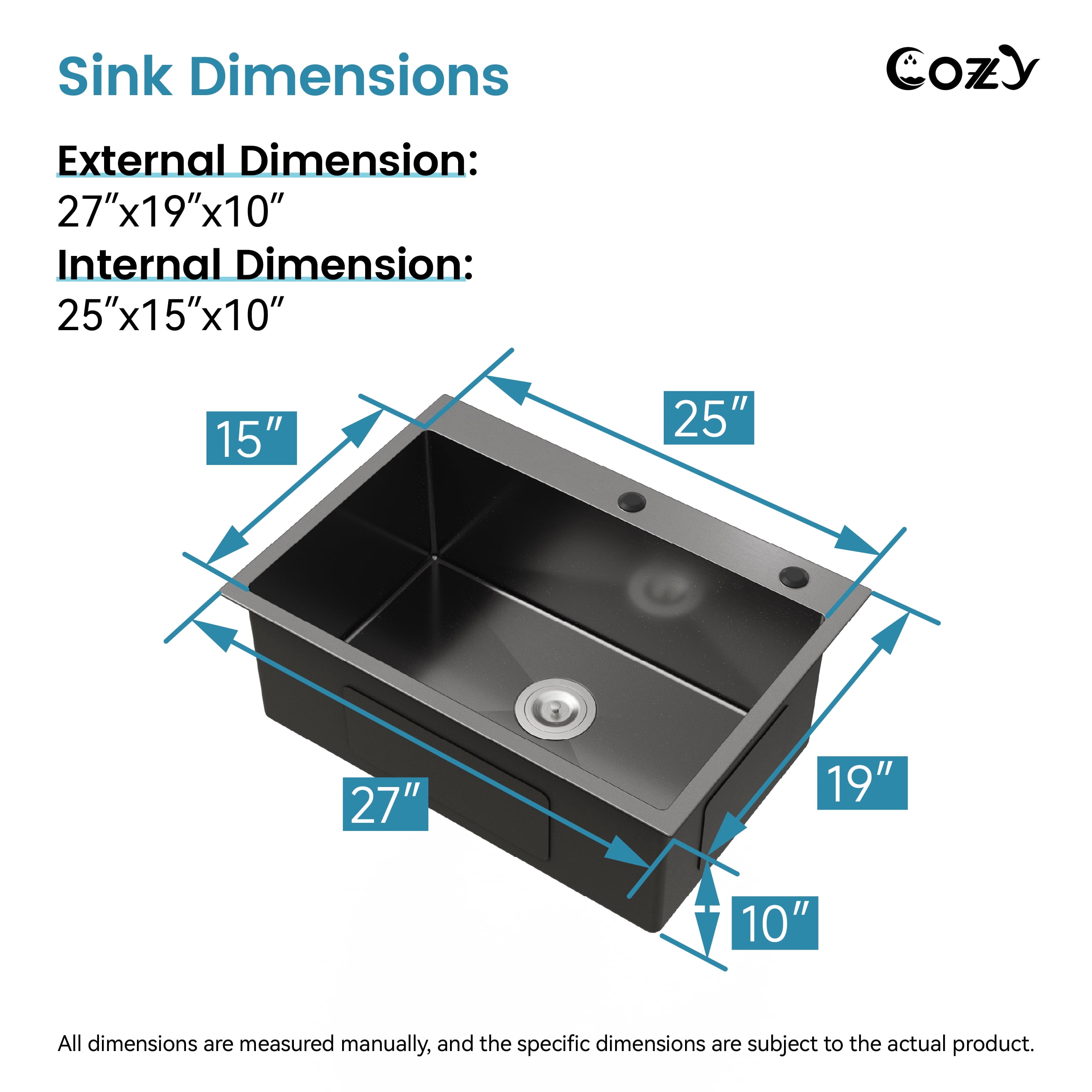 Stainless Steel Kitchen Sink, 27″x19″ Single Bowl, Overmount Handmade Sink in Black, with US Standard Drain and Hook, SS-BL02D-271908-2
