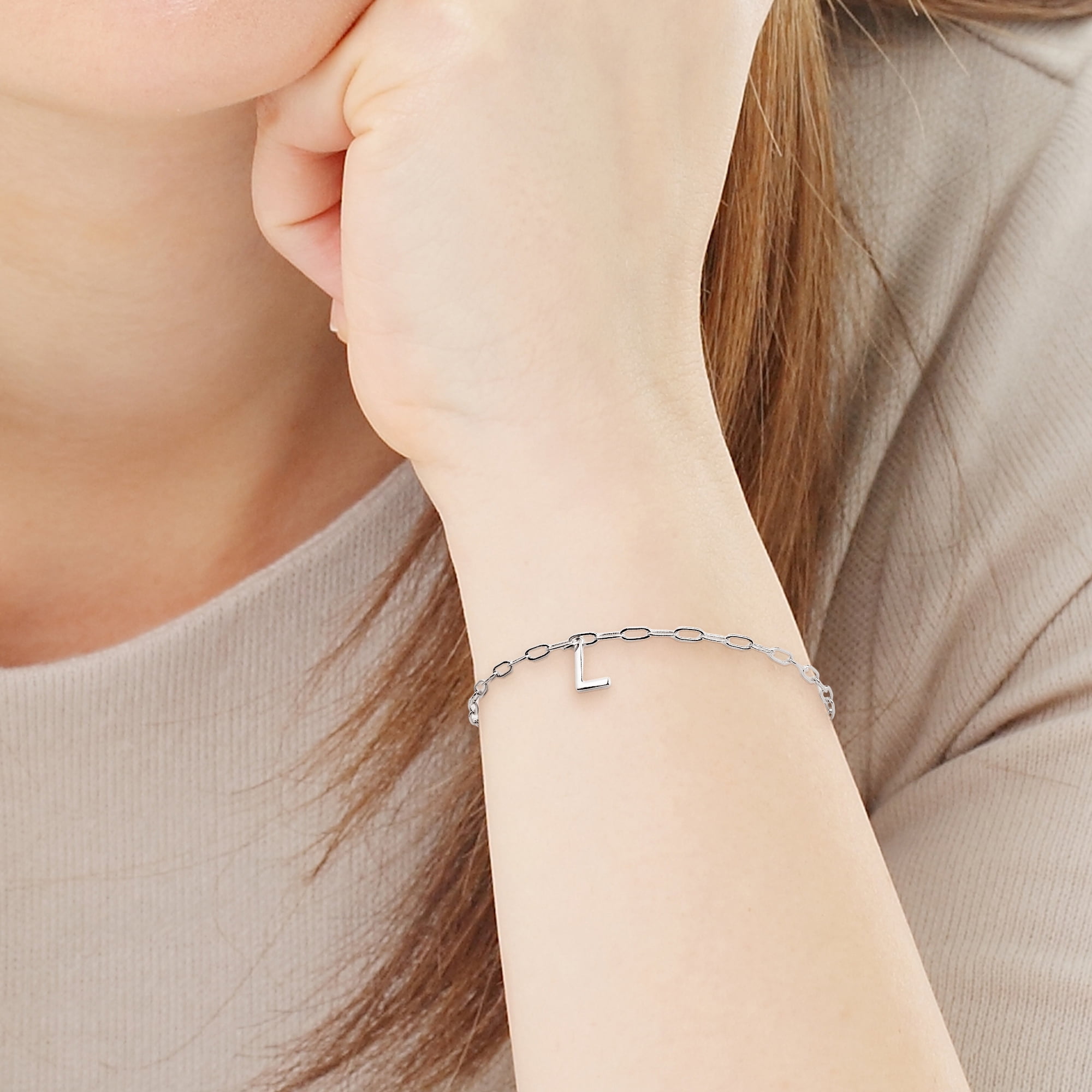 Personalized Planet Women's Sterling Silver Initial Charm Paperclip Chain Bracelet