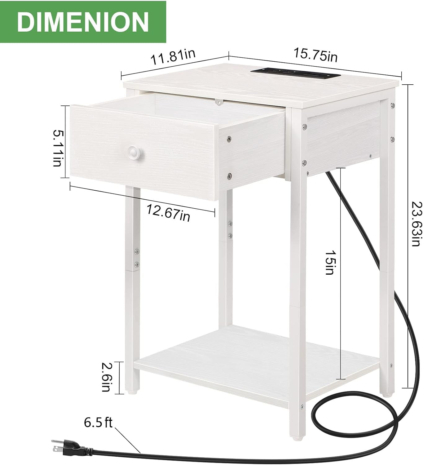 Oumilen Adult Nightstand with Plug Drawer Three USB Models, White, Set of 2