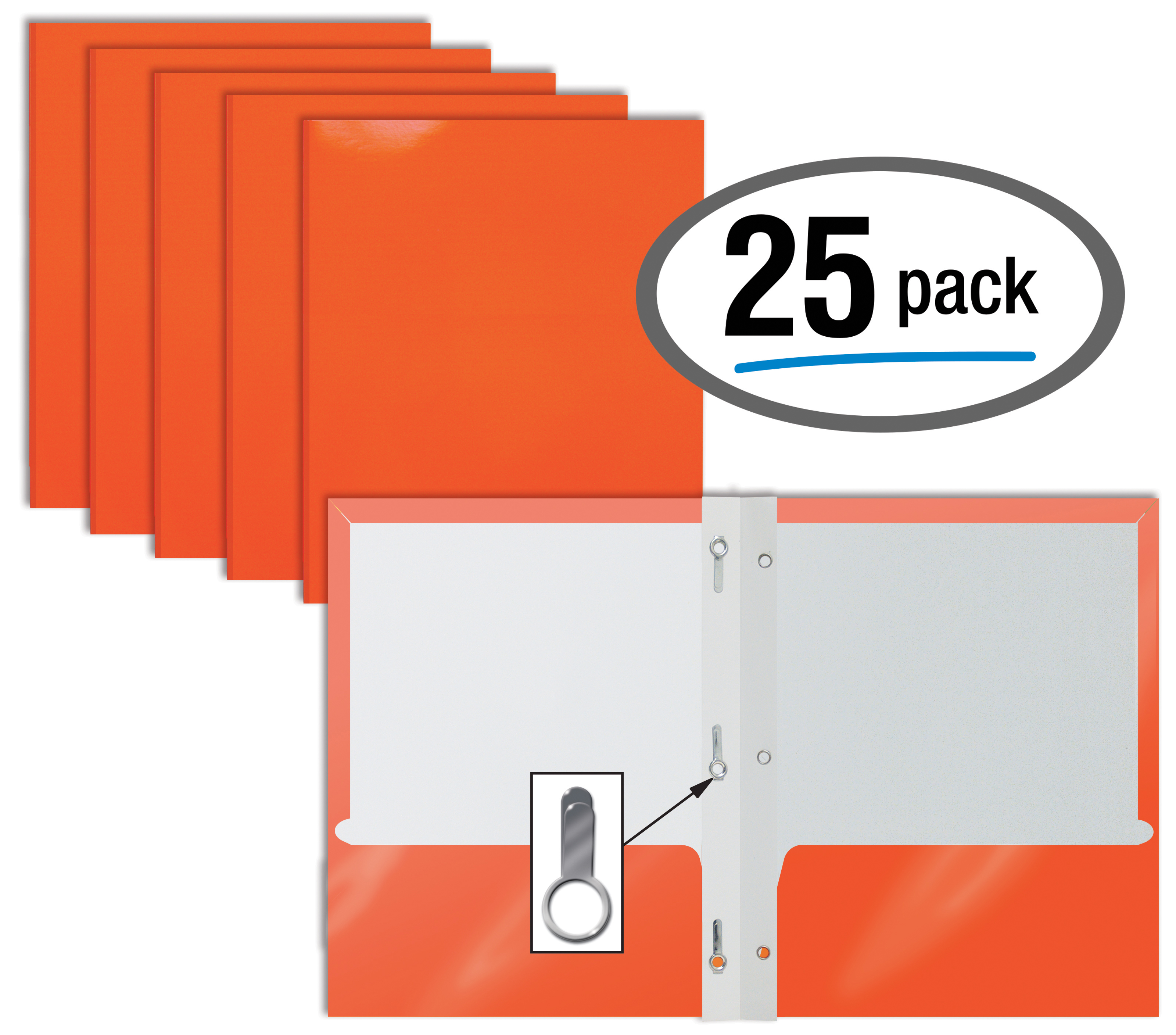 2 Pocket Glossy ORANGE Paper Folders with Prongs, by Better Office Products, Letter Size, High