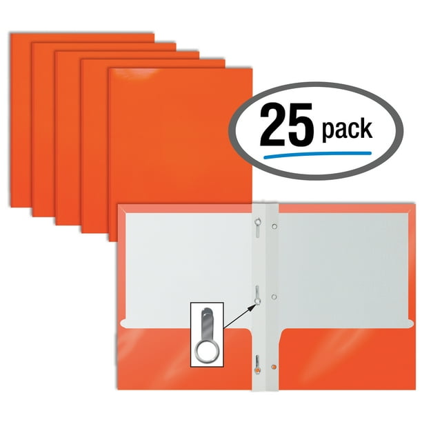 2 Pocket Glossy ORANGE Paper Folders with Prongs, by Better Office