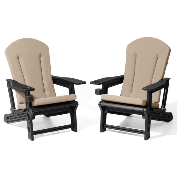 Crestlive Product Outdoor HDPE Adirondack Chair Set With Removable Ergonomic Contoured Cushions and Cup Holder, Set of 2, Beige
