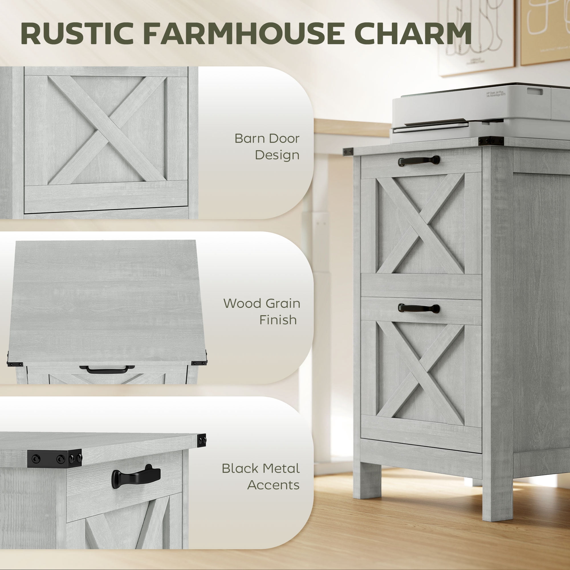 HOMCOM 2 Drawer Vertical File Cabinet with Silent Slides, Farmhouse Filing Cabinet with Barn Doors for A4/Letter Size, Distressed Light Gray