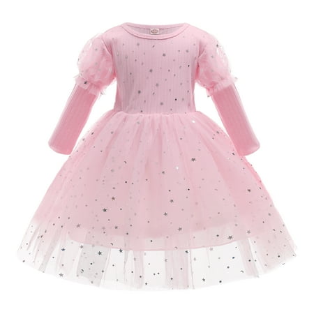 

5T Little Girls Wedding Princess Dress Party Dress 6T Little Girls Long Sleeve Sequins Prints Gradient Tulle Layer Party Formal TuTu Princess Dress Pink