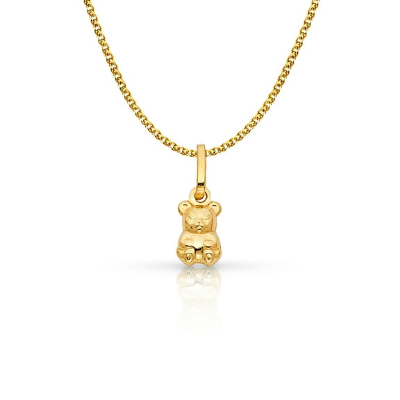 Ioka-14K Yellow Gold Small Sitting Bear Charm Pendant with 1.2mm Flat Open Wheat Chain Necklace - 22"