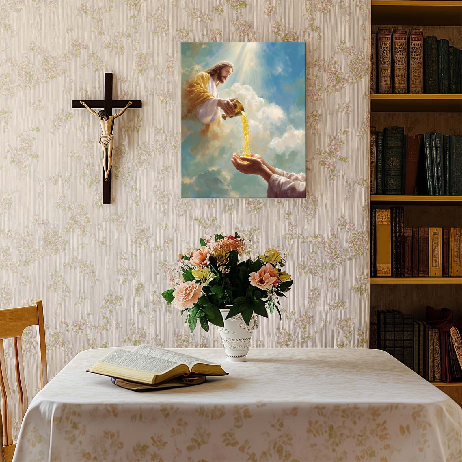 P&L Art Framed Canvas Wall Art - 24"x30" Divine Blessing Jesus Pouring Golden Grace Christian Faith Spiritual Home Church Large Statement Wall Decor