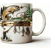 Weloille Fishing Themed Coffee Mug 1 Piece 14 Ounce, Scratch Resistant Durable Drinking Cup, Unique Pattern Large Capacity Mug, for Coffee, Tea, Outdoor Activities, Fishing Enthusiasts Gifts