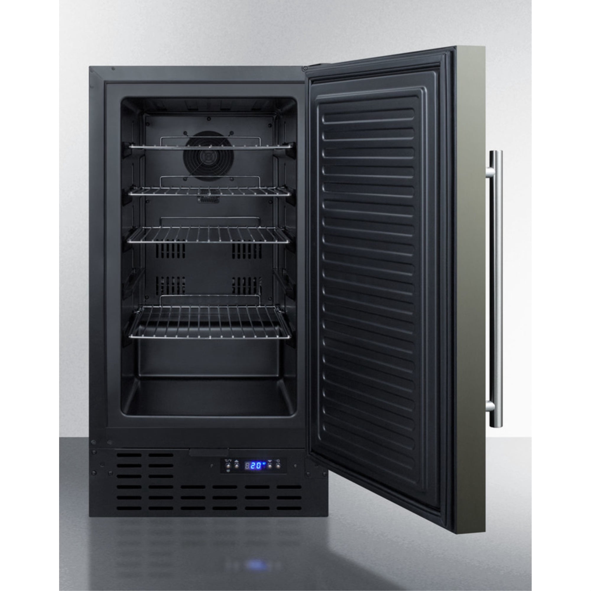 ADA compliant 18" wide built-in undercounter frost-free freezer with black stainless steel door, lock, and digital thermostat