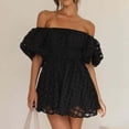 thumbnail image 2 of weeloloe Summer Dress Clearance Summer Dresses for Women 2024 Casual Short Puff Sleeve Strapless Loose Ruffle Sundress Swing Solid Color Hem Daily Vacation Beach Mini Dress Black L, 2 of 7