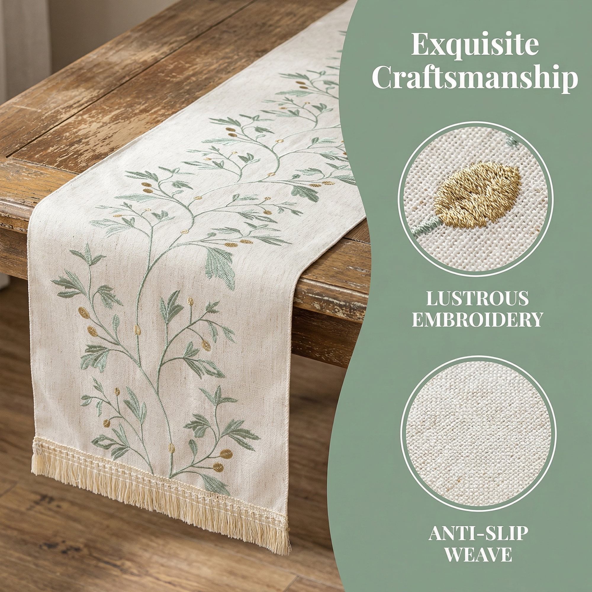 Unique Bargains Long Washable Floral Table Runner for Dining Decor Green 15.4"x70.9"