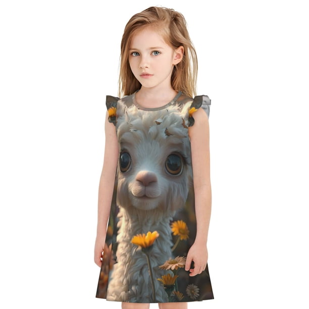 Balery Adorable Llama In Flowers Camisón de princesa para niñas, pijama de algodón con mangas abullonadas, suave y bonito.-Medium