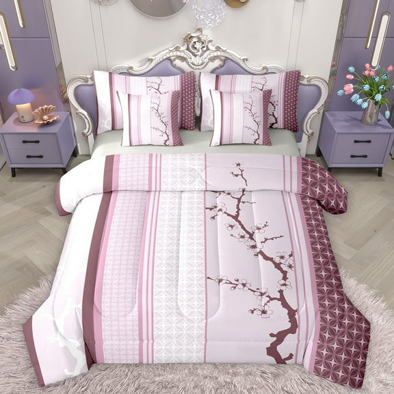 Homewish Cherry Blossom 7-Piece Twin Bedding Sets,Purple Flower Floral Bedding Comforter Set,Modern Geometric Stripe Sheet Sets For Girls,Ultra Soft Home Decor Reversible
