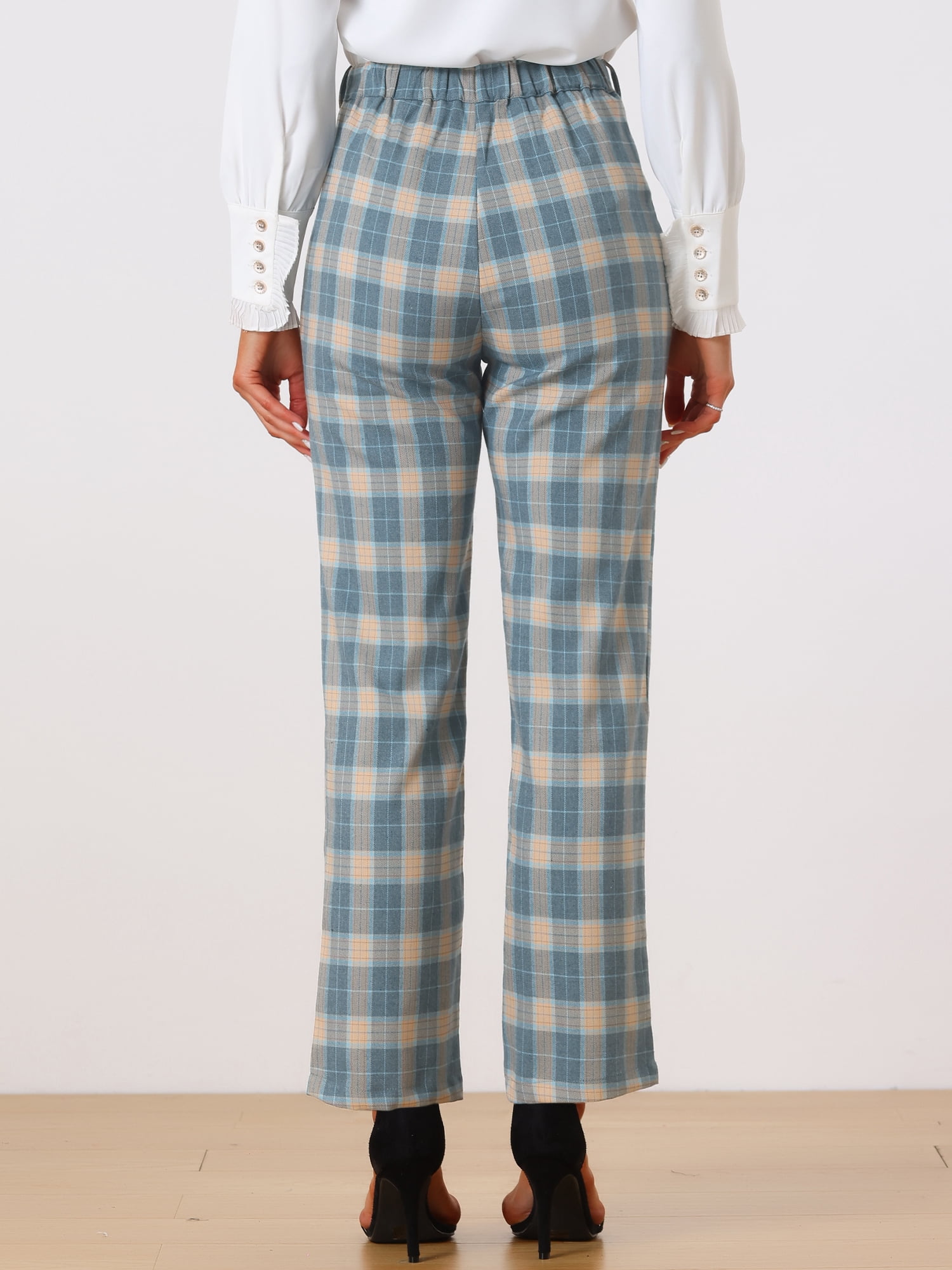 DARING DIVA Women's Plaid Trousers Pockets Straight Leg Casual Pant M Khaki Gray Blue