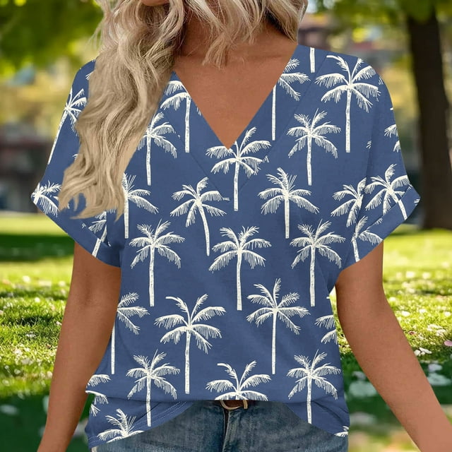 Xuyuer Women's Elegant V-Neck Floral Print Hem Loose Short Sleeve Out Blouse Top
